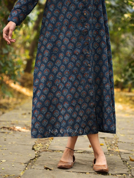 Rihana Blue Cotton Block Printed Button-Down Dress