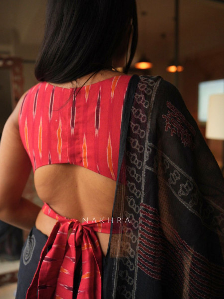 Assorted Red Ikat Woven Sleeveless Blouse with Tie-Up Back Detail