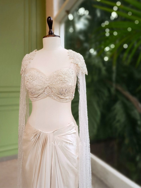 Zaria Ivory Draped Dhoti Skirt Set with Cape Blouse