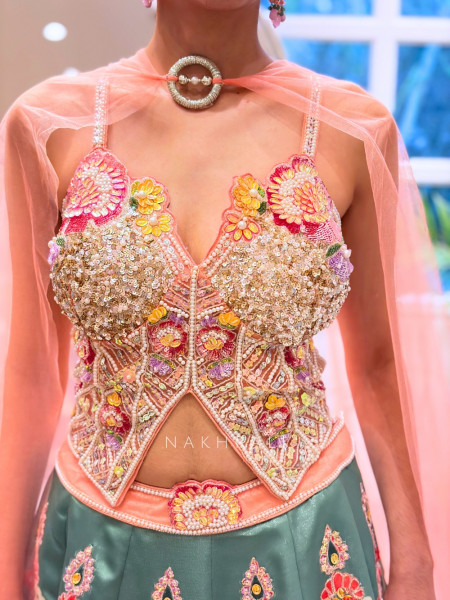 Vrindavan Palace Silk Lehenga with Jewel-Tone Asymmetric Corset
