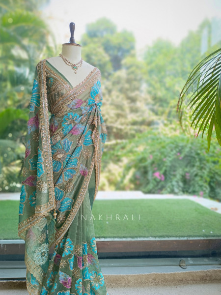 Firoza Bagh Olive Sage Green Organza Saree with Oversized Floral Resham Embroidery