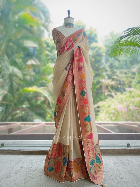 Ranjani Beige Saree with Multicolor Woven Border