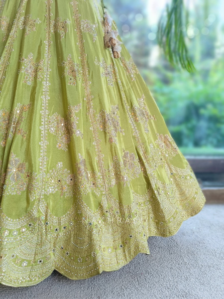 Pank Parrot Green Banarasi Silk Lehenga Set With Sequin Floral & Paisley Work
