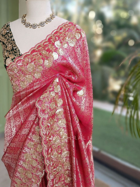 Symphony Magenta Saree with Zardozi Floral Embroidery