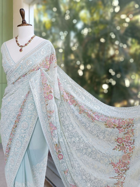 Ecru Grace Sea Green Embroidered Elegance Saree with Sequin Detailing