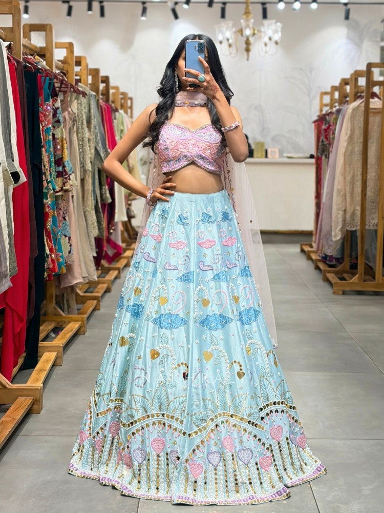 Image of Kiyara Sky Blue Indo Western Lehenga with Beads Sequin Work