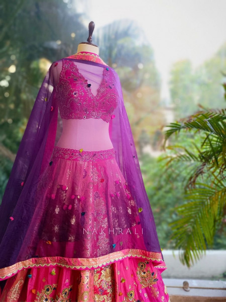 Aarvi Magenta Silk Bridal Lehenga with Zari and Sequin Work