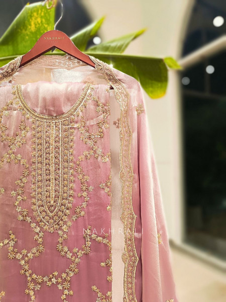 Vanilla Hue Onion Pink Tissue Dress Material with Sequin & Cut Dana Work