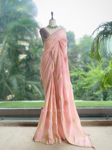 Kusumrekha Pink Georgette / Chinnon Silk With Saree with Contrast Running Blouse