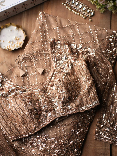 Suhana Brown Handworked Net Saree with Readymade Blouse
