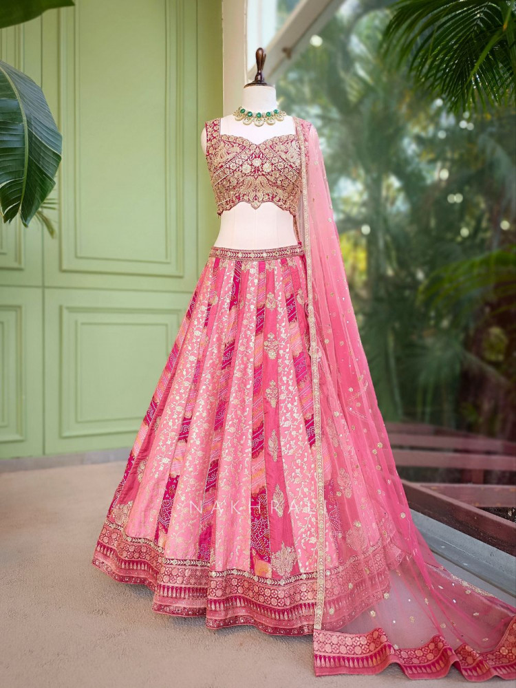 Image of Morbagh Magenta Embroidered Lehenga Set with Mirror Work
