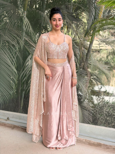 Roséveil Pink Corset Skirt Set with Sequin Work and Cape Shrug