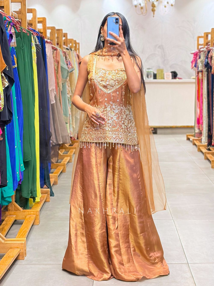 Image of Laylara Brown Indo Western Palazzo Set with Sequin Work