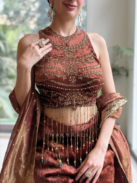 Nazneen Brown Velvet Indo-Western Crop Top Palazzo