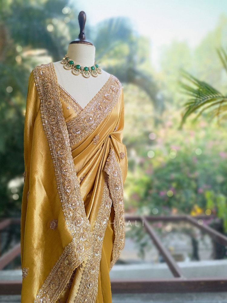 Image of Swarna Golden Saree with Sequin Stone Embellished Border