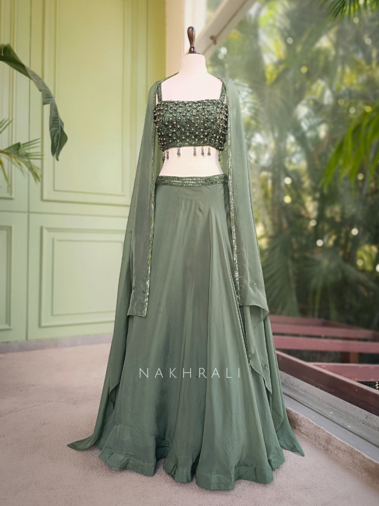 Image of Sage Green Indo Western Lehenga with Pearl Embellished Blouse