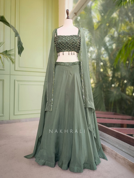 Sage Green Indo Western Lehenga with Pearl Embellished Blouse