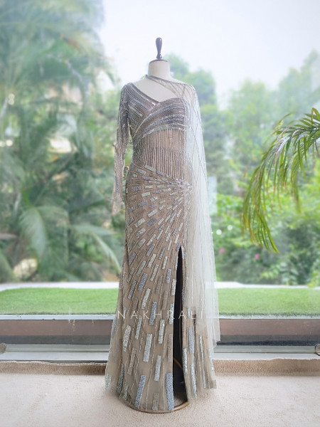 Cove Grey Illusion Net & Satin Gown