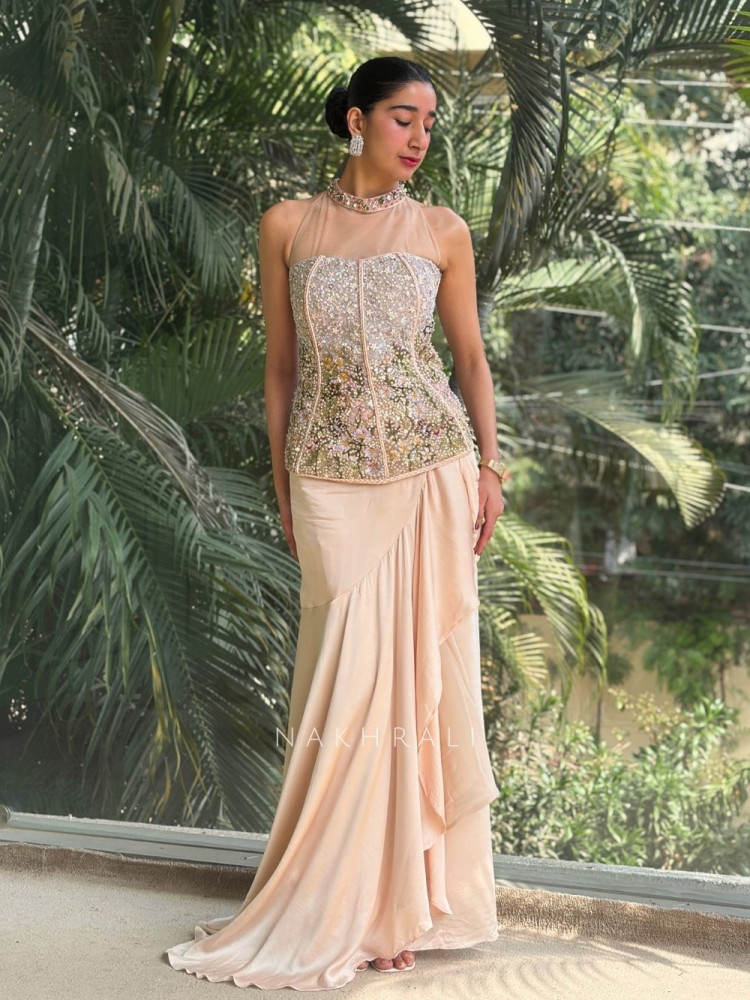 Image of Roséa Peach Floral Sequin Corset Skirt Ensemble