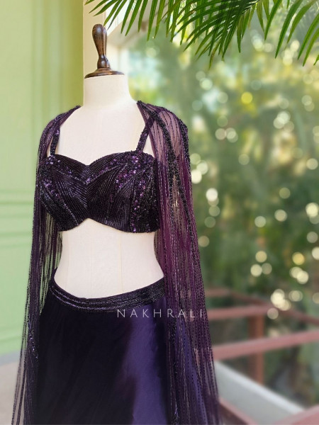 Roshira Wine Indo-Western Lehenga Set with Cut Dana and Sequin Work