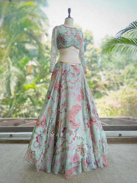 Pushpanchal Sky Blue Lehenga Set with Floral Print and Sequin Work