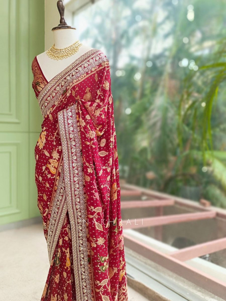 Rivayat-e-Aroos Maroon Saree With Heritage Motif Border Work