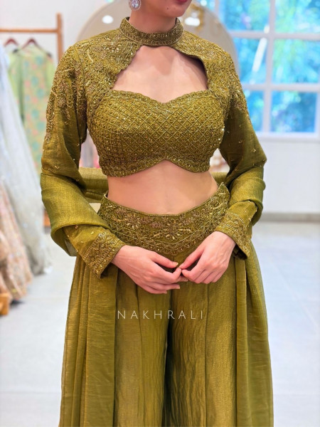 Nyra Green Indo-Western Palazzo Set with Embroidered Jacket Detail