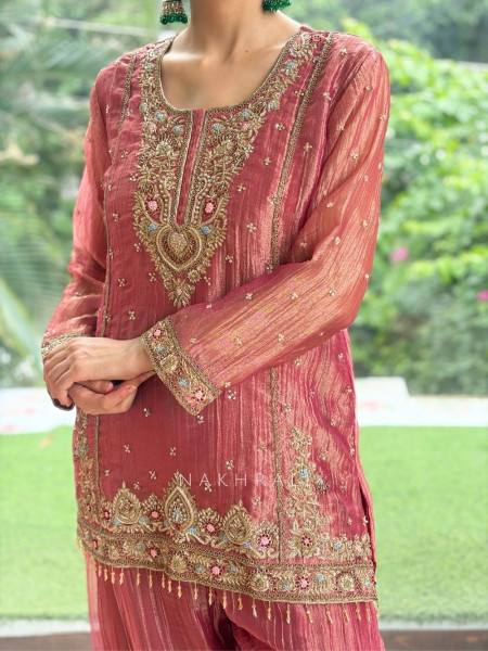 Mrinalika Peach Metallic Tissue Silk Suit Set