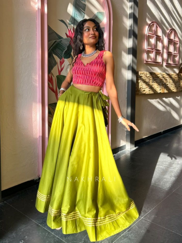 Image of Floretta Lemon Green Flared Skirt