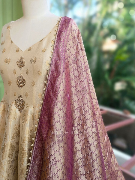 Elegant Ombre Cream Banarasi Silk Anarkali Suit Set with Border & Potli Bag