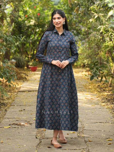 Rihana Blue Cotton Block Printed Button-Down Dress