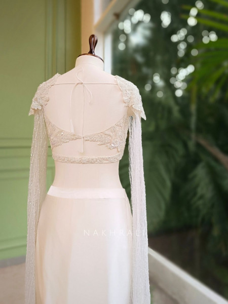 Zaria Ivory Draped Dhoti Skirt Set with Cape Blouse