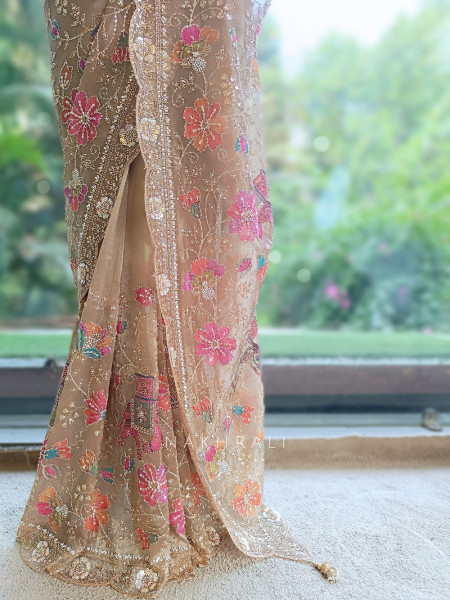 Noor-e-Afsanah Brown Organza Saree with Royal Elephant Motifs