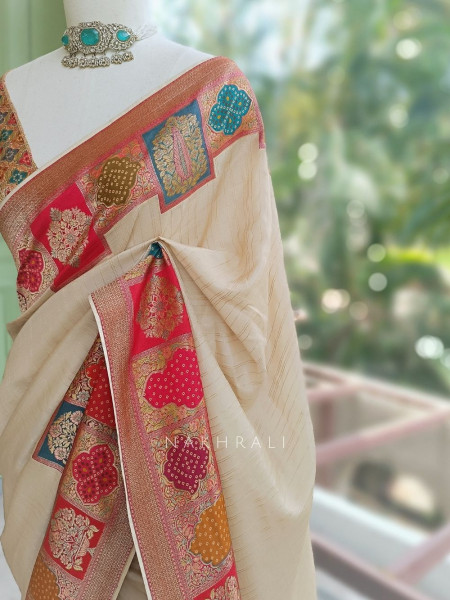 Ranjani Beige Saree with Multicolor Woven Border