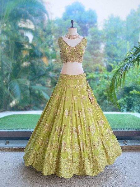 Pank Parrot Green Banarasi Silk Lehenga Set With Sequin Floral & Paisley Work