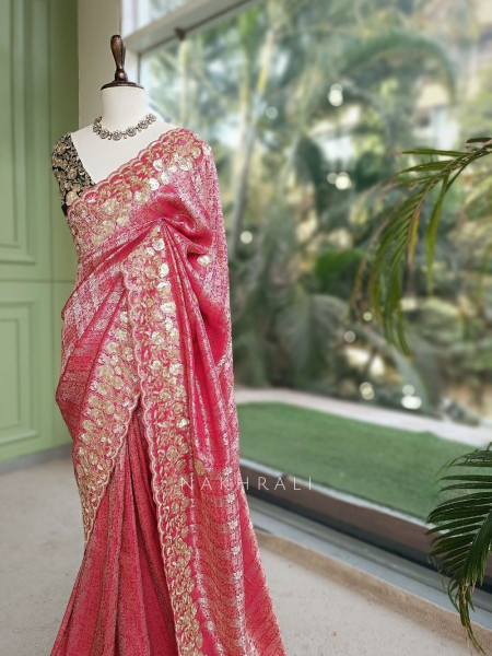 Symphony Magenta Saree with Zardozi Floral Embroidery