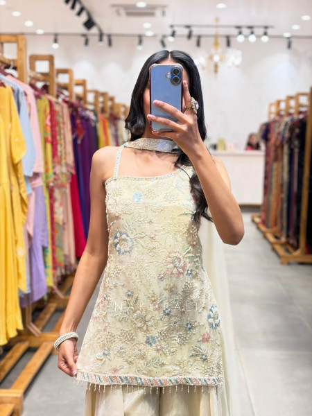 Noirvi Cream Chinon Kurta Palazzo Set with Cut Dana Sequin Work