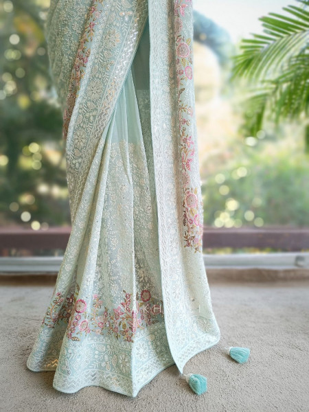 Ecru Grace Sea Green Embroidered Elegance Saree with Sequin Detailing