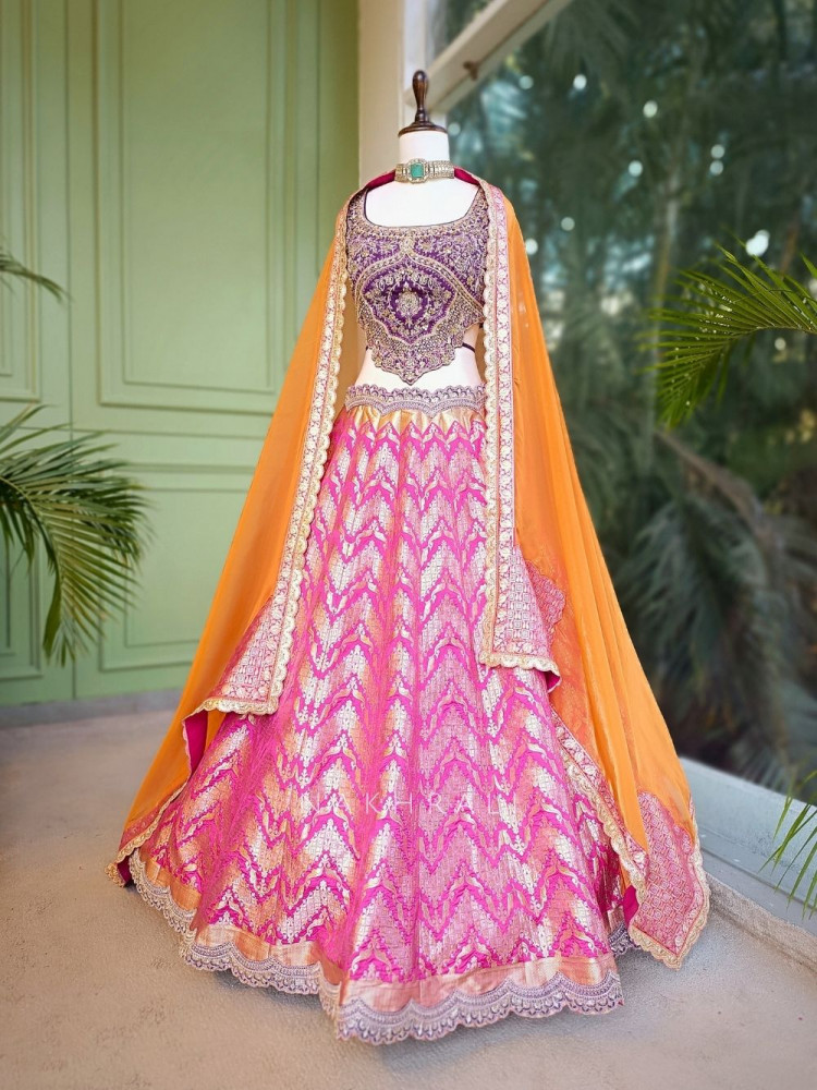 Image of Regalia Magenta Lehenga Set with Zari Sequin Work
