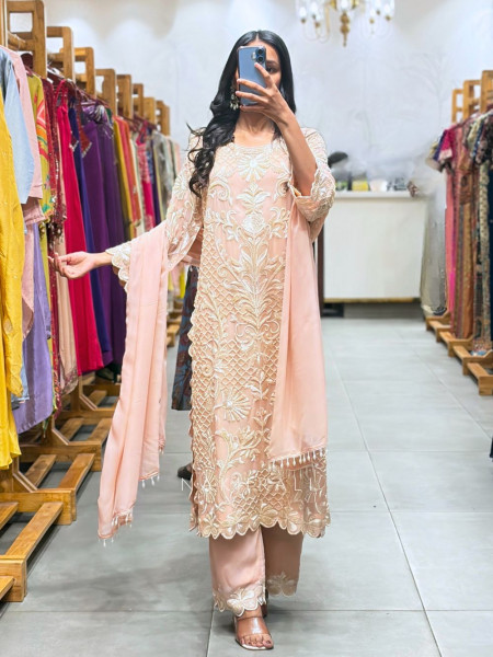 reevaya Peach Georgette Kurta Set with Thread Embroidery