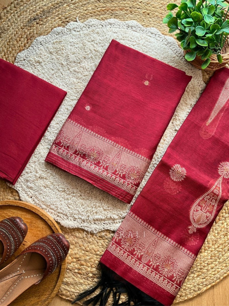 Elegant Woven Border Maroon Color Dress Material