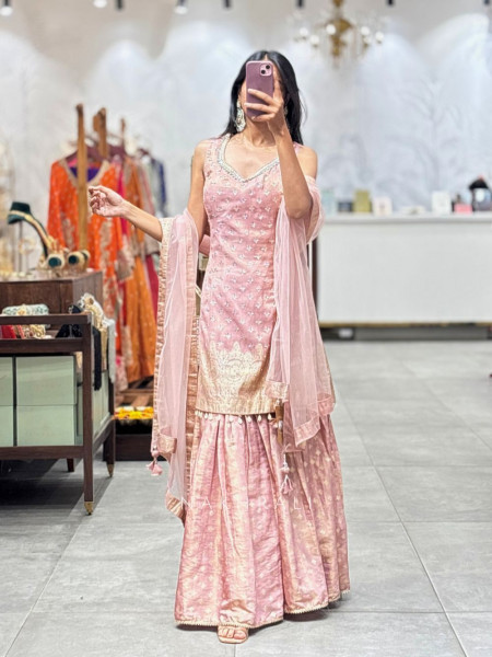 Blush Pink Brocade Gharara Suit Set with Tassels