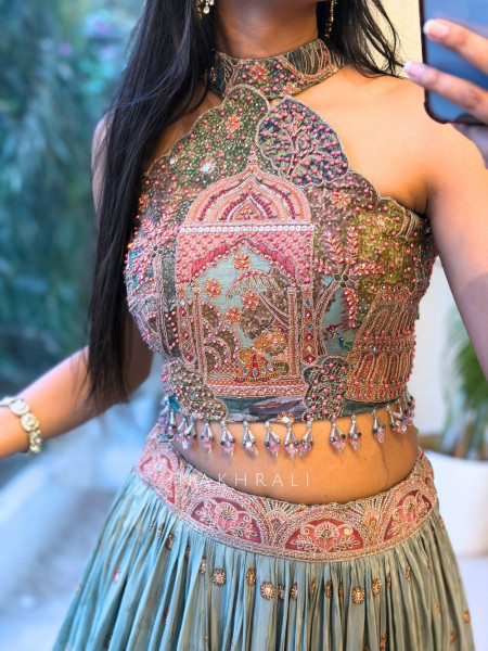 Jharokha Tales Sea Green Lehenga with Pichwai-Inspired Embroidery