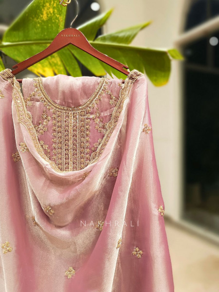 Vanilla Hue Onion Pink Tissue Dress Material with Sequin & Cut Dana Work