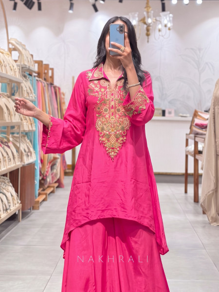 Mayura Canary Magenta Asymmetric Crepe Palazzo Set