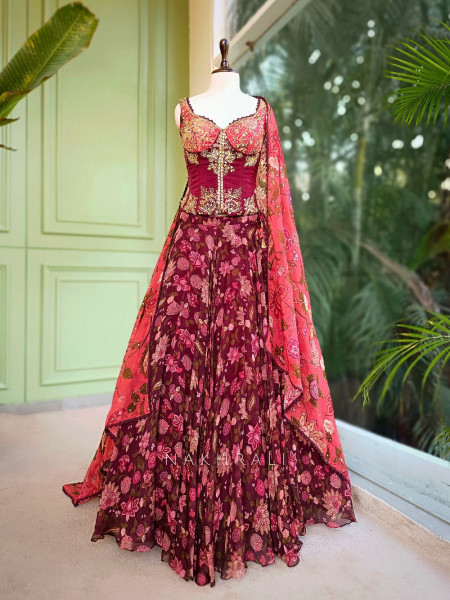 Crimson Bloom Georgette Corset Lehenga with Sequin Embroidery