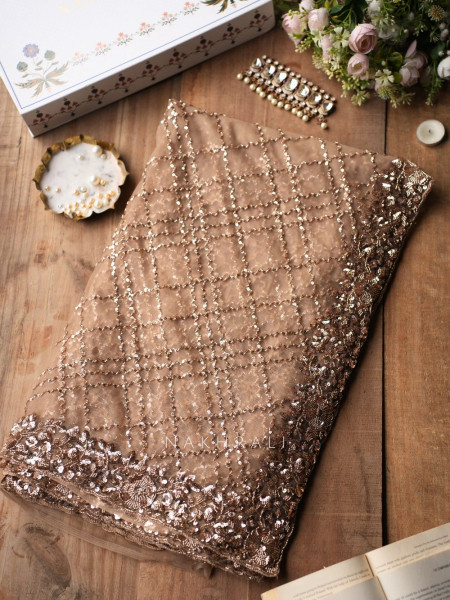 Suhana Brown Handworked Net Saree with Readymade Blouse