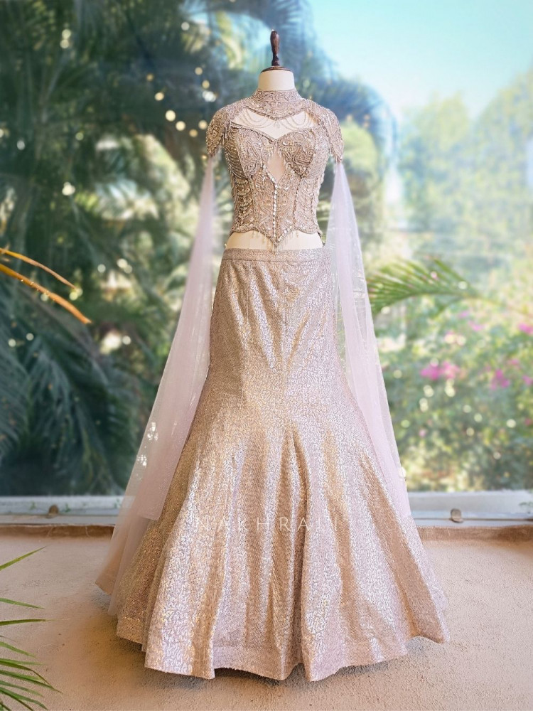 Image of Averin Grey Mermaid Lehenga with Sequin and Cut Dana Work