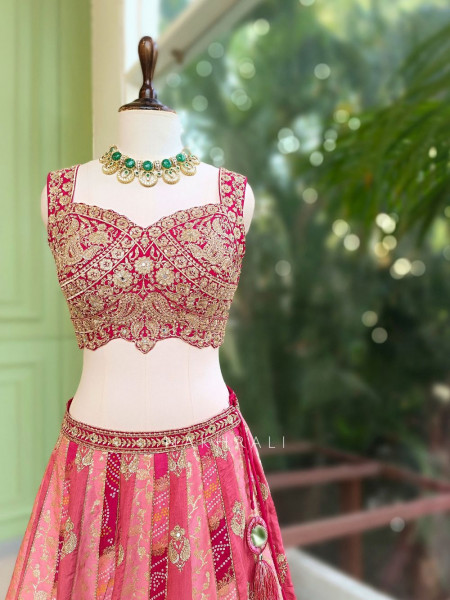 Morbagh Magenta Embroidered Lehenga Set with Mirror Work