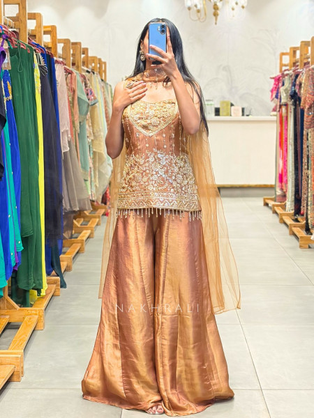 Laylara Brown Indo Western Palazzo Set with Sequin Work